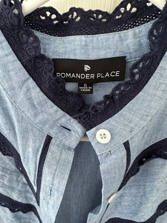 Pomander Place Tuckernuck Button-Front Long Sleeve Dress with Navy Lace Trim - Picture 3 of 3